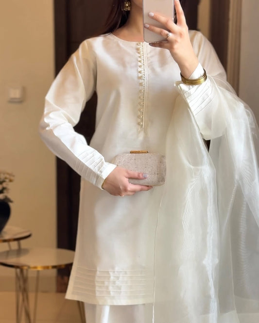 ET Farshi Shalwar - White Katan Silk & Organza Elegance | 3PC Stitched